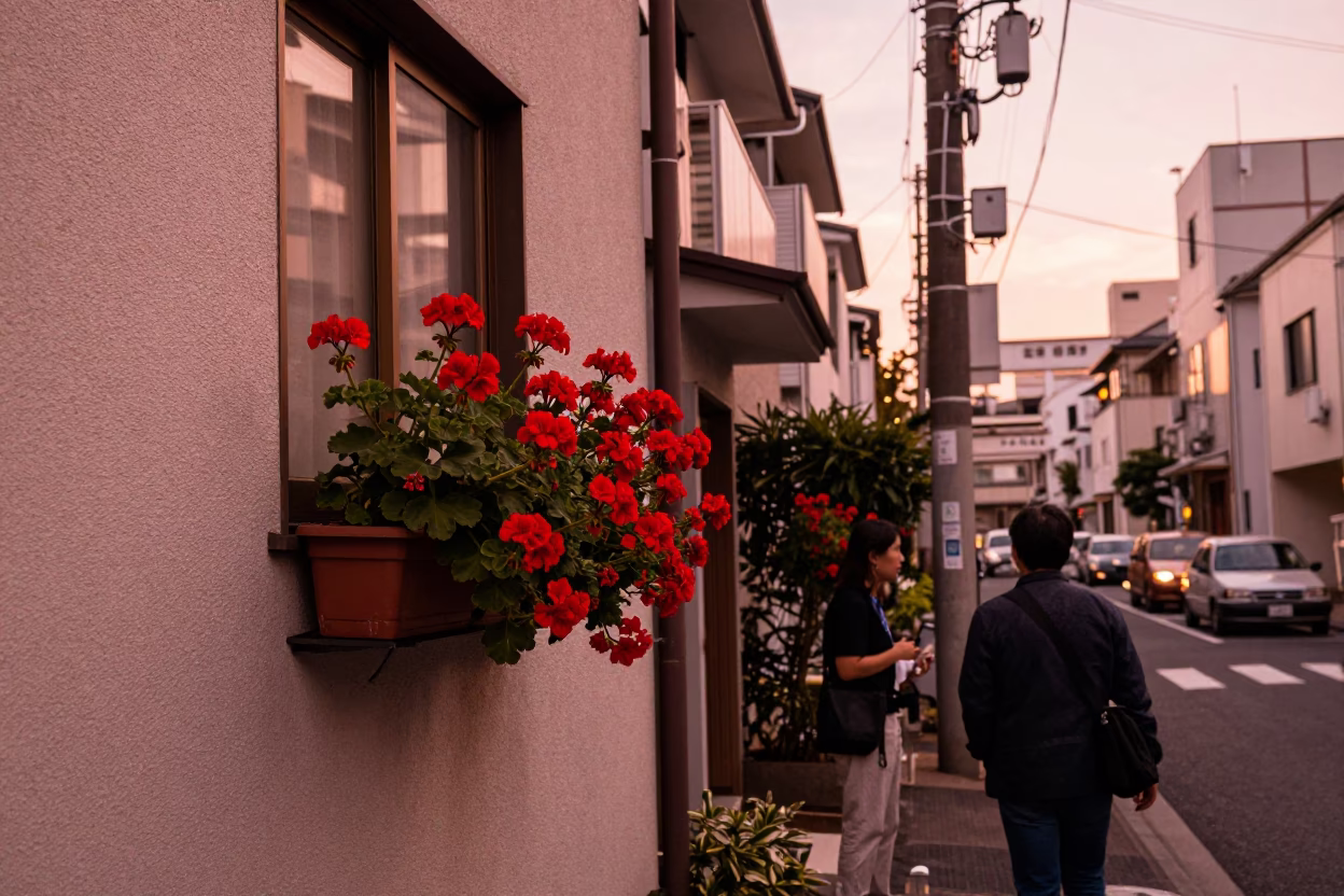 Tokyo Street Scene in Copper Dusk Light with Geraniums and Traditional Architecture in in Tokyo, Japan