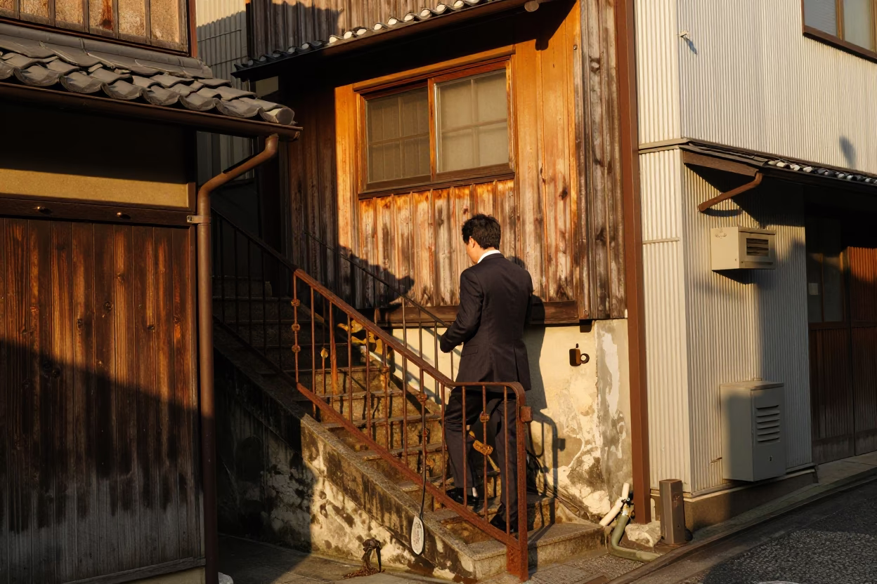 Tokyo Street Scene in Honeyed Evening Light with Stair Rail and Camellia Flower in in Tokyo, Japan