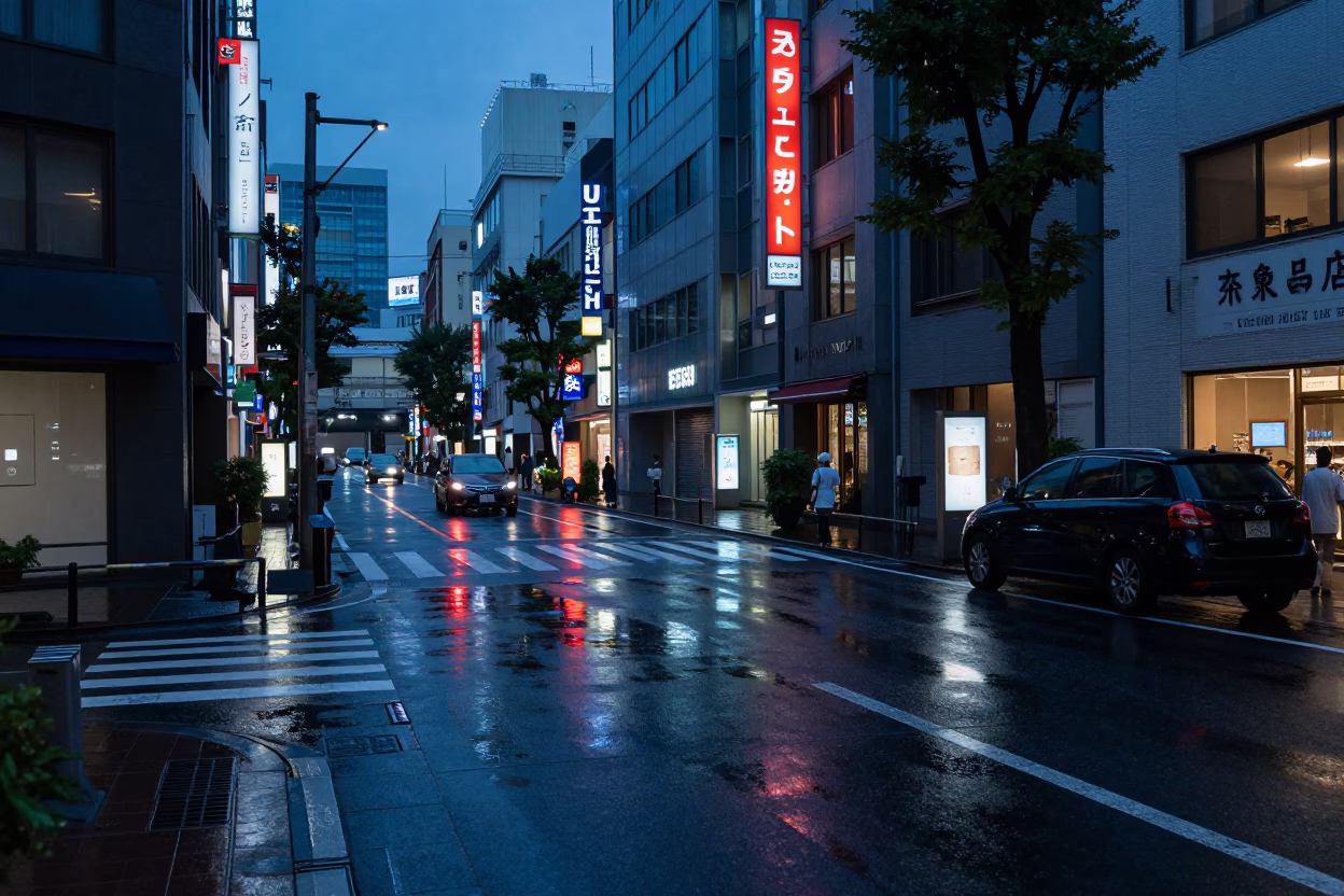 Tokyo Street Scene in Predawn Darkness with Neon Reflections and Urban Stillness in in Tokyo, Japan