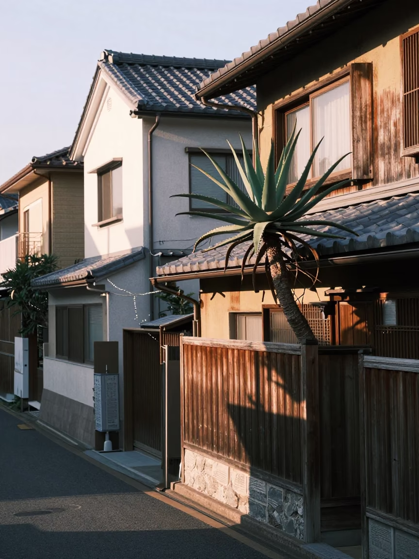 Tokyo Street Scene Just After Sunrise With Aloe Vera Plant On Wooden Balcony in in Tokyo, Japan