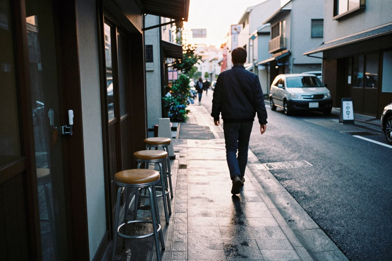 Tokyo Street Scene Just After Sunrise with Bar Stools and Door Latch Detail in in Tokyo, Japan