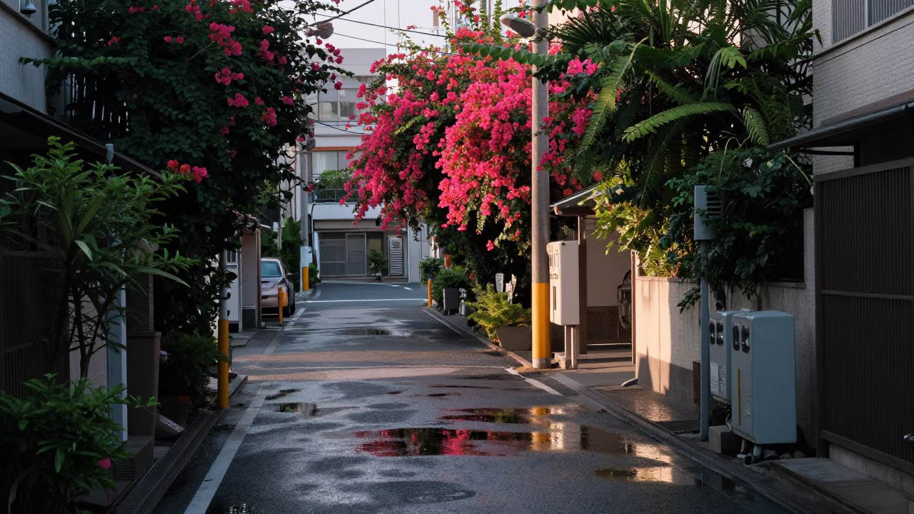 Tokyo Street Scene Just After Sunrise with Bougainvillea and Substation Oil Puddle in in Tokyo, Japan