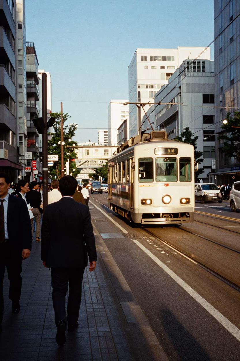 Tokyo Street Scene Late Afternoon Light with Tramcar and Glass Sill Edge Detail in in Tokyo, Japan