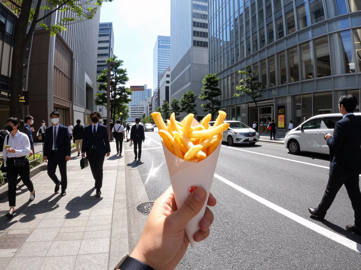 Tokyo Street Scene Midday Paper Cone of Belgian Frites with Mayonnaise Near Crossing in in Tokyo, Japan