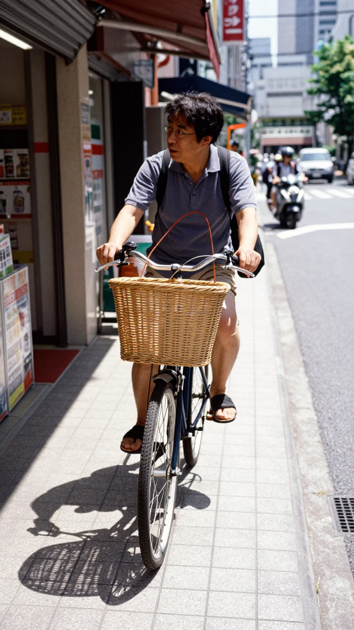 Tokyo Street Scene Midday with Bicycle Basket and Urban Shadows in in Tokyo, Japan