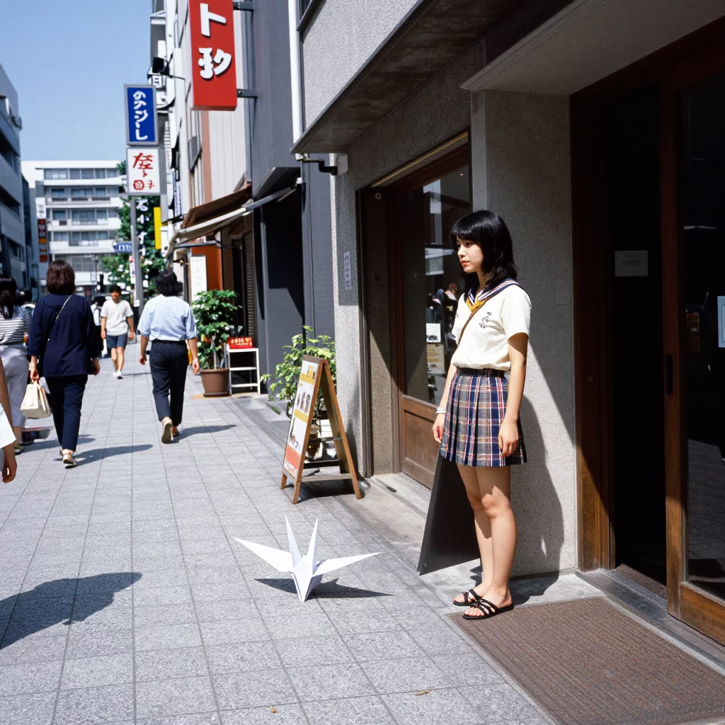 Tokyo Street Scene Midday with Origami Crane and Peg Rail in in Tokyo, Japan
