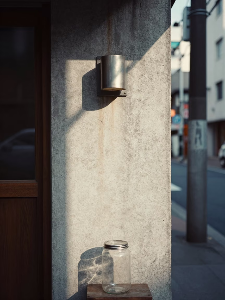Tokyo Street Scene Midmorning Light with Glass Jar and Wall Sconce in in Tokyo, Japan