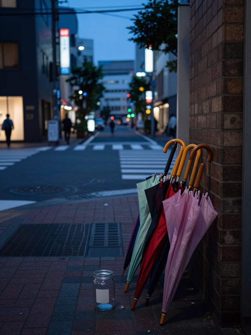 Tokyo Street Scene Predawn Darkness with Glass Jar and Umbrella Cluster in in Tokyo, Japan
