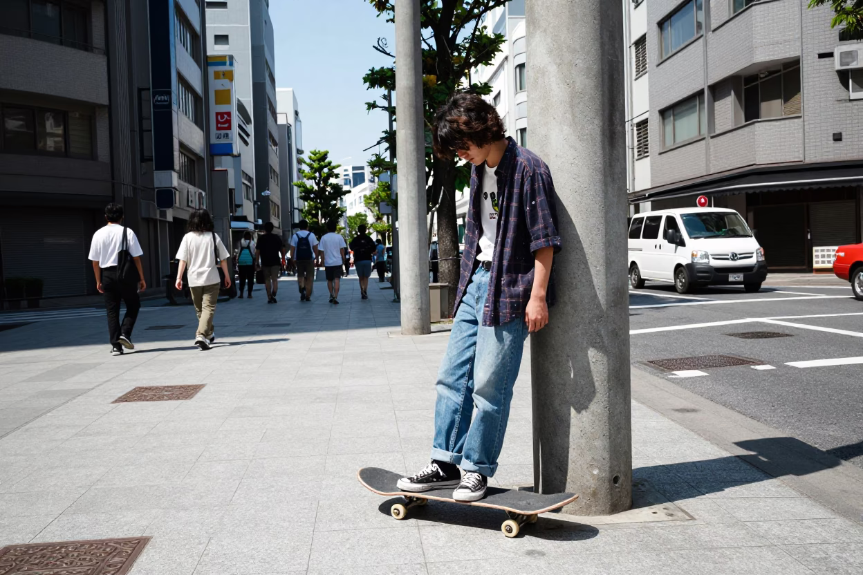 Tokyo Street Scene Under Flat Noon Light With Skateboard And Matcha Latte in in Tokyo, Japan