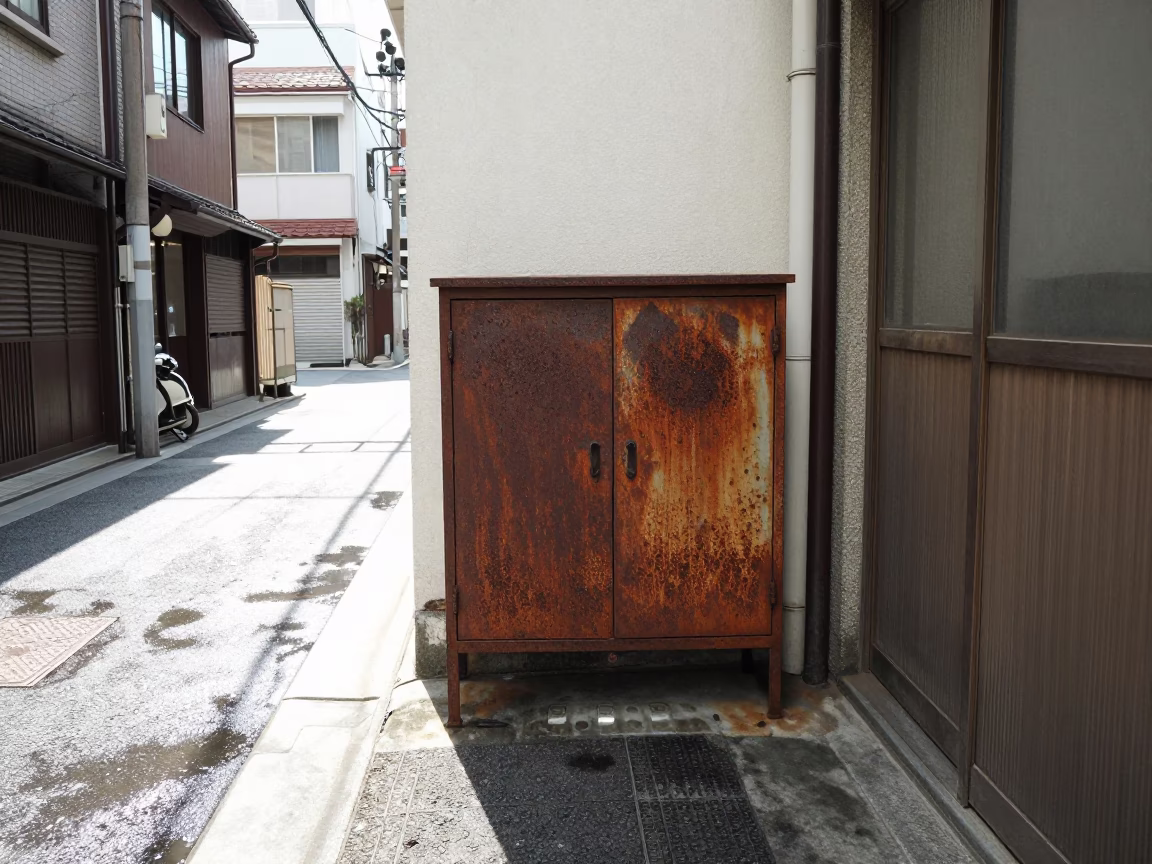 Tokyo Street Scene Under Noon Sun With Rust Cabinet Latch and Steam Haze in in Tokyo, Japan
