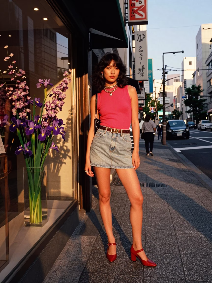 Tokyo Street Sunset High Fashion Model Iris Blossoms Urban Life in in Tokyo, Japan