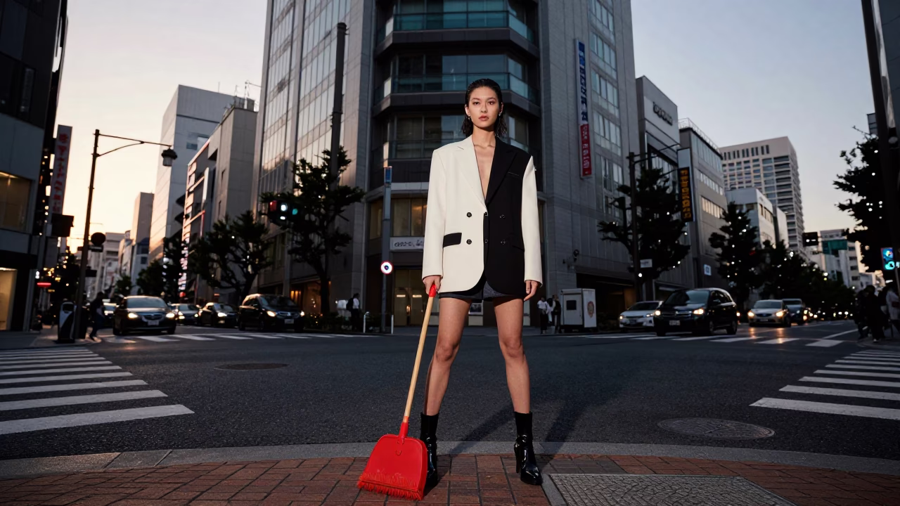 Tokyo Street Sunset High Fashion Portrait with Cleaning Tools and Urban Details in in Tokyo, Japan