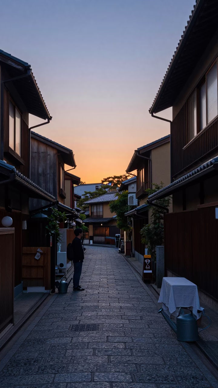 Tokyo Street Sunset Scene with Watering Can and Linen Fringe Details in in Tokyo, Japan