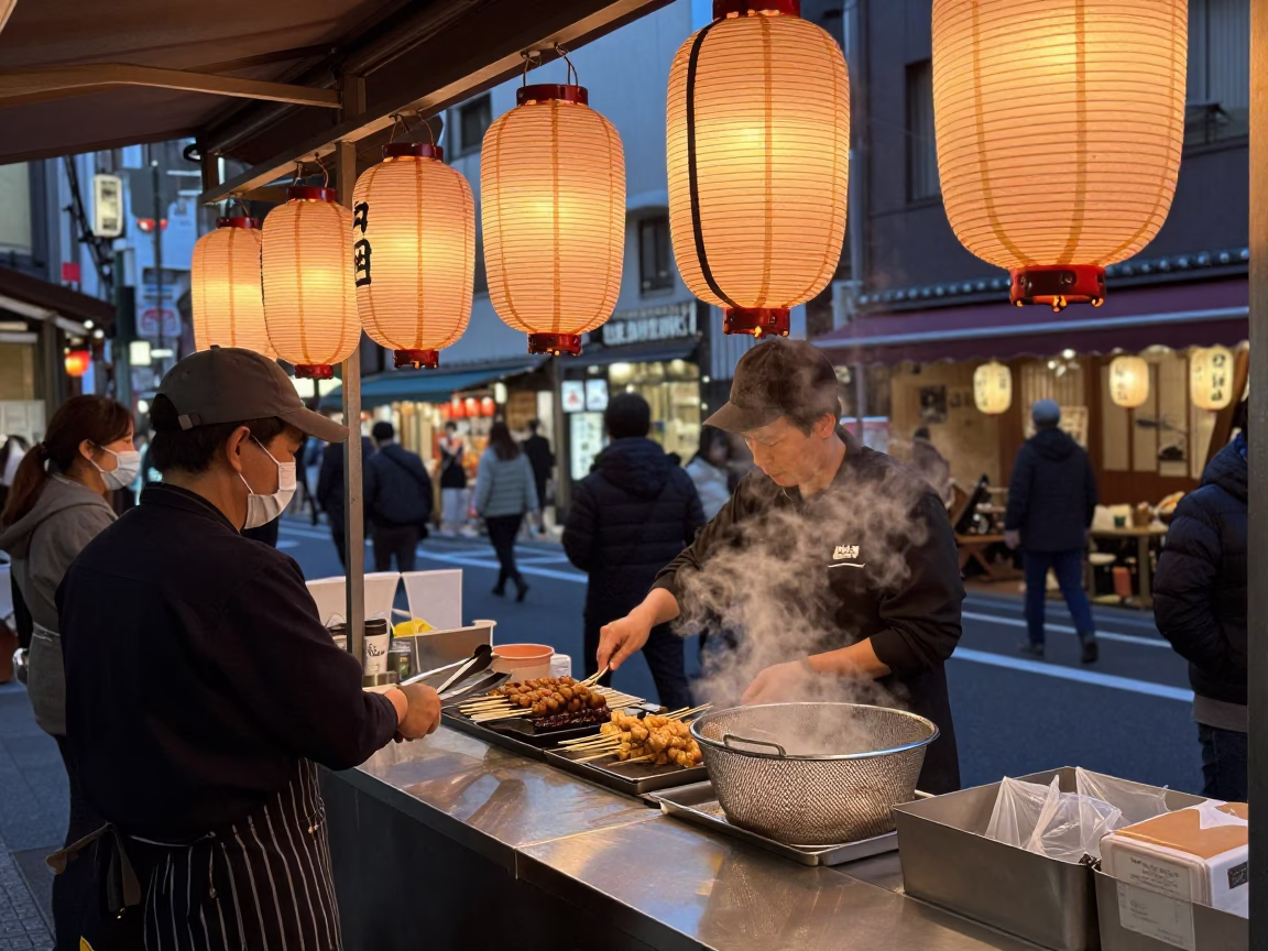 Tokyo Street Vendor Copper Dusk Paper Lanterns and Metal Cookware in in Tokyo, Japan