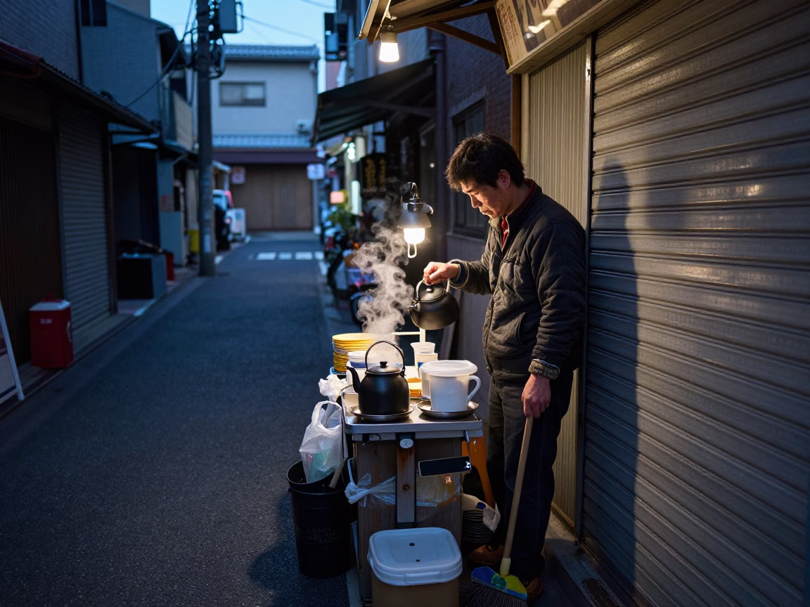 Tokyo Street Vendor Dawn Coffee Break with Broom and Apron in in Tokyo, Japan