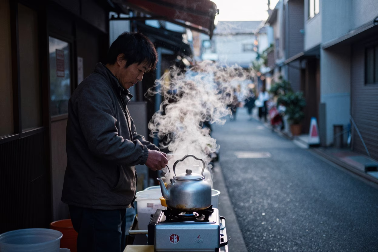 Tokyo street vendor early morning with steaming kettle and wooden crate in in Tokyo, Japan