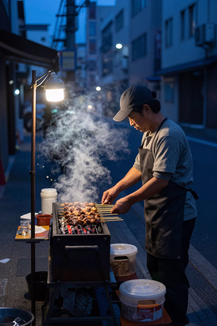 Tokyo Street Vendor Grilling Kebabs in Predawn Darkness with Neon Reflections in in Tokyo, Japan