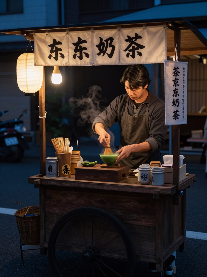 Tokyo Street Vendor Night Market Stall Predawn Hours with Matcha Tea Preparation in in Tokyo, Japan