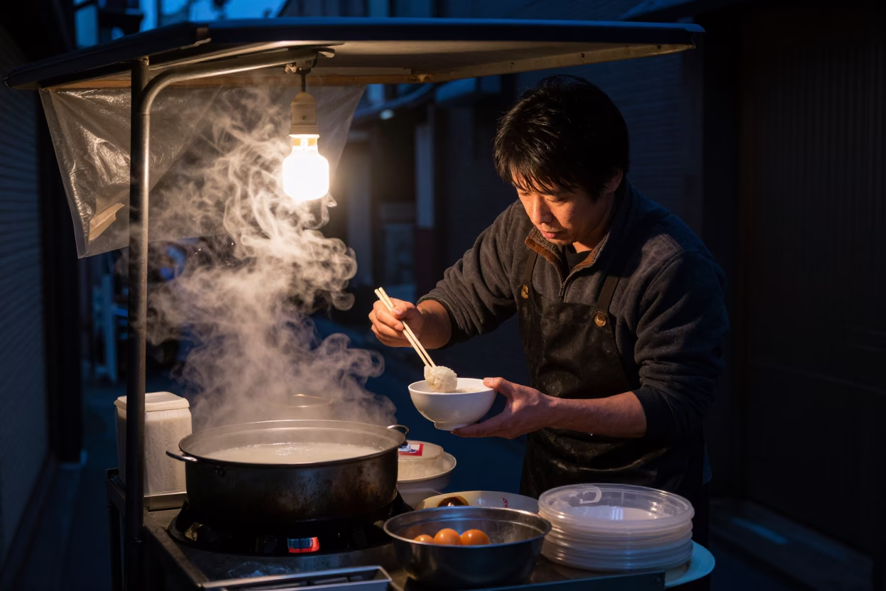 Tokyo Street Vendor Preparing Congee and Century Egg in Predawn Darkness in in Tokyo, Japan