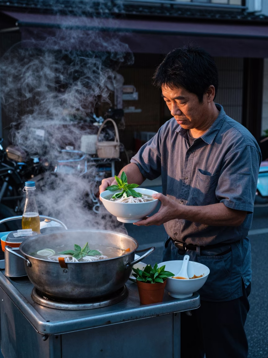 Tokyo Street Vendor Selling Pho Tai with Basil and Lime Before Sunrise in in Tokyo, Japan