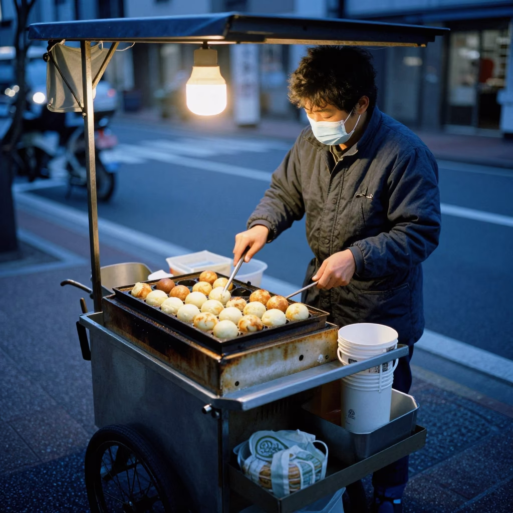 Tokyo Street Vendor Selling Takoyaki on Grill During Blue Hour Evening Light in in Tokyo, Japan