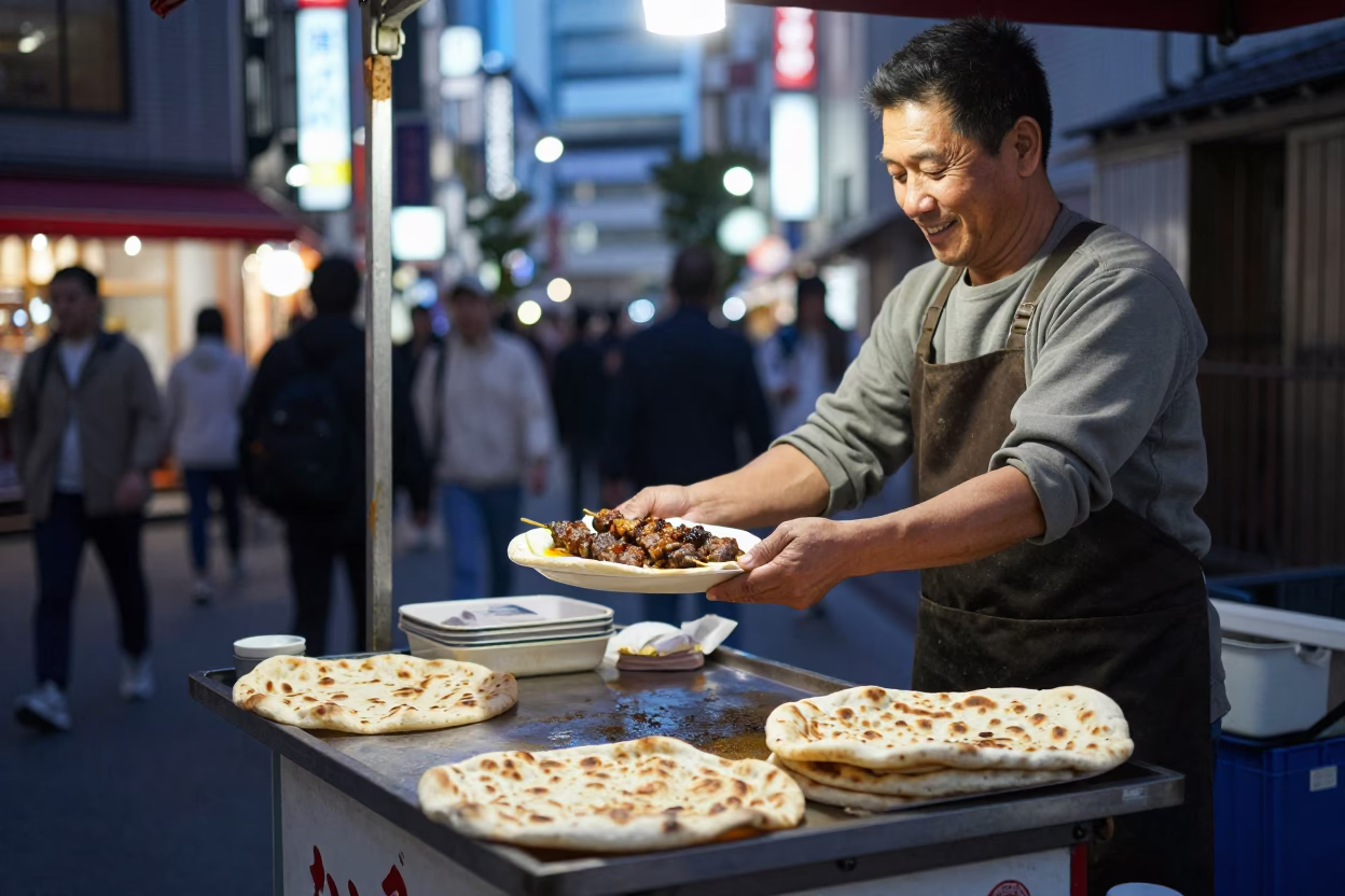 Tokyo Street Vendor Serving Kebab Koobideh on Lavash Under Evening Neon Glow in Japan in in Tokyo, Japan