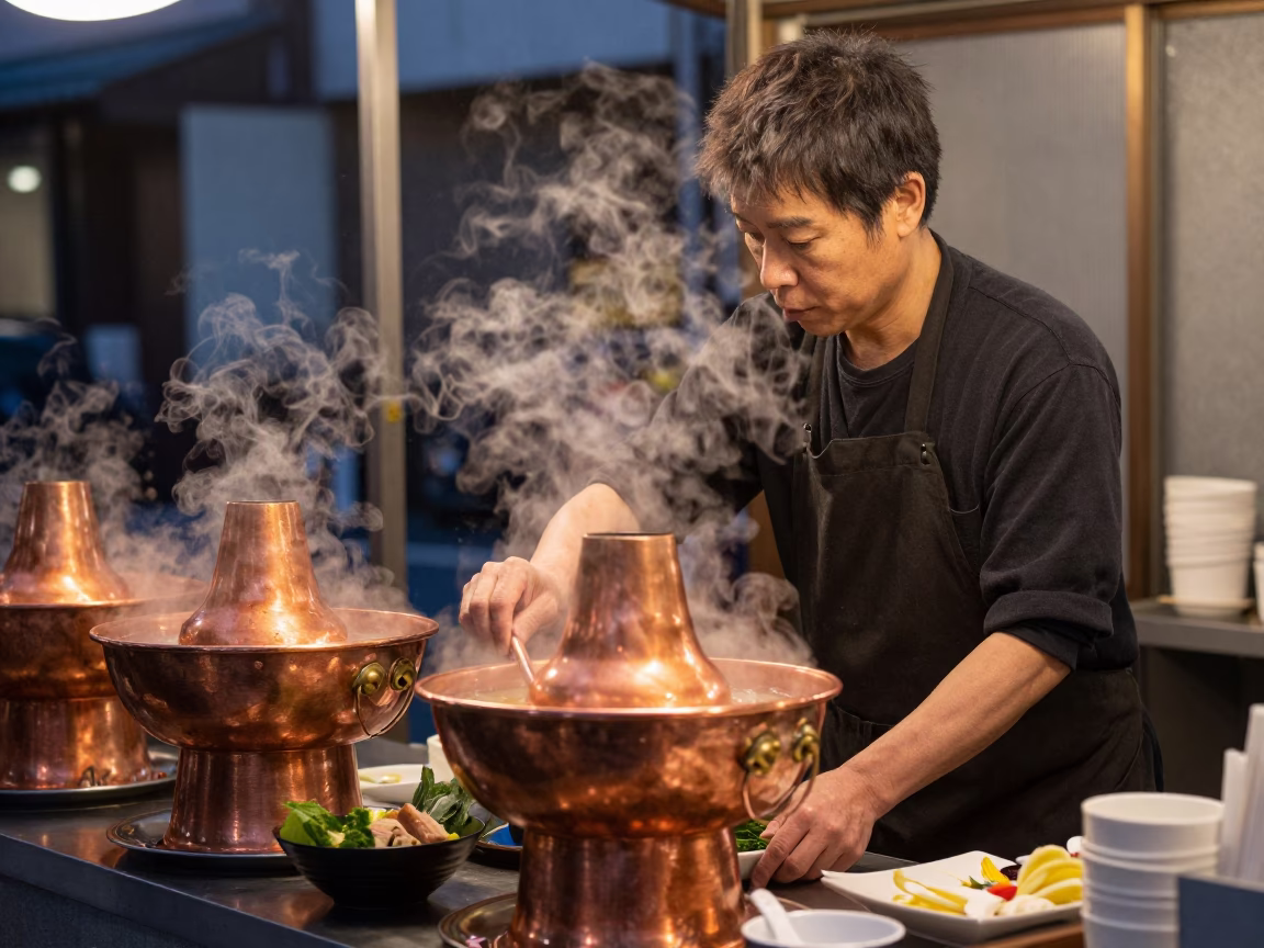 Tokyo Street Vendor Serving Steaming Hotpot in Copper Dusk Light in in Tokyo, Japan