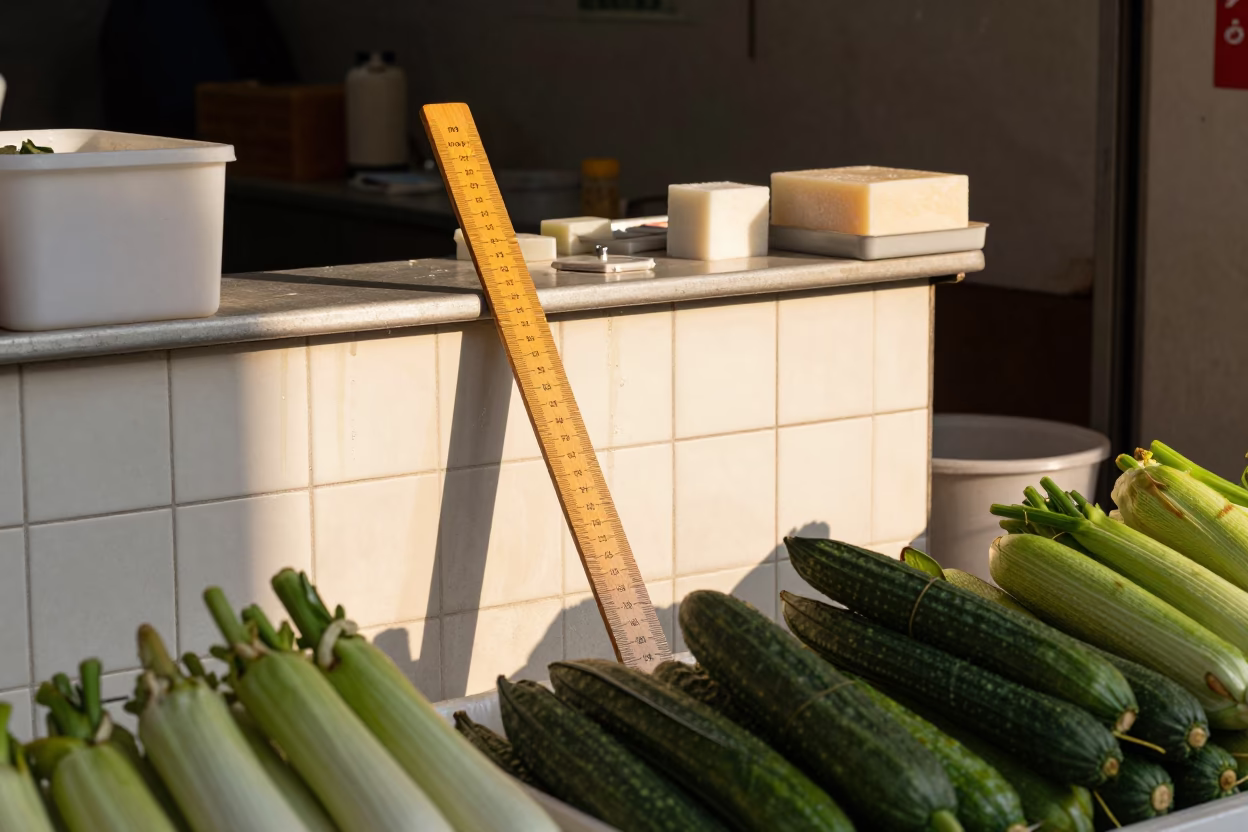 Tokyo street vendor stall with wooden ruler and soap streaks in in Tokyo, Japan