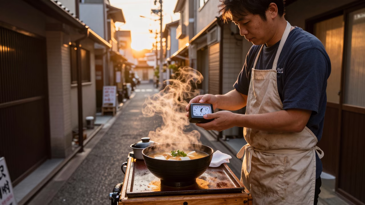 Tokyo Street Vendor Sunset Miso Soup and Kitchen Timer in in Tokyo, Japan