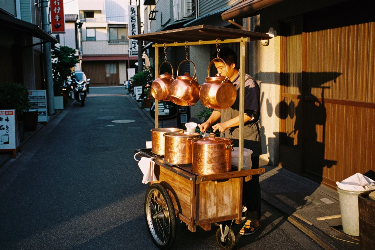 Tokyo Street Vendor Sunset Scene with Copper Pots and Pitcher in Japan in in Tokyo, Japan