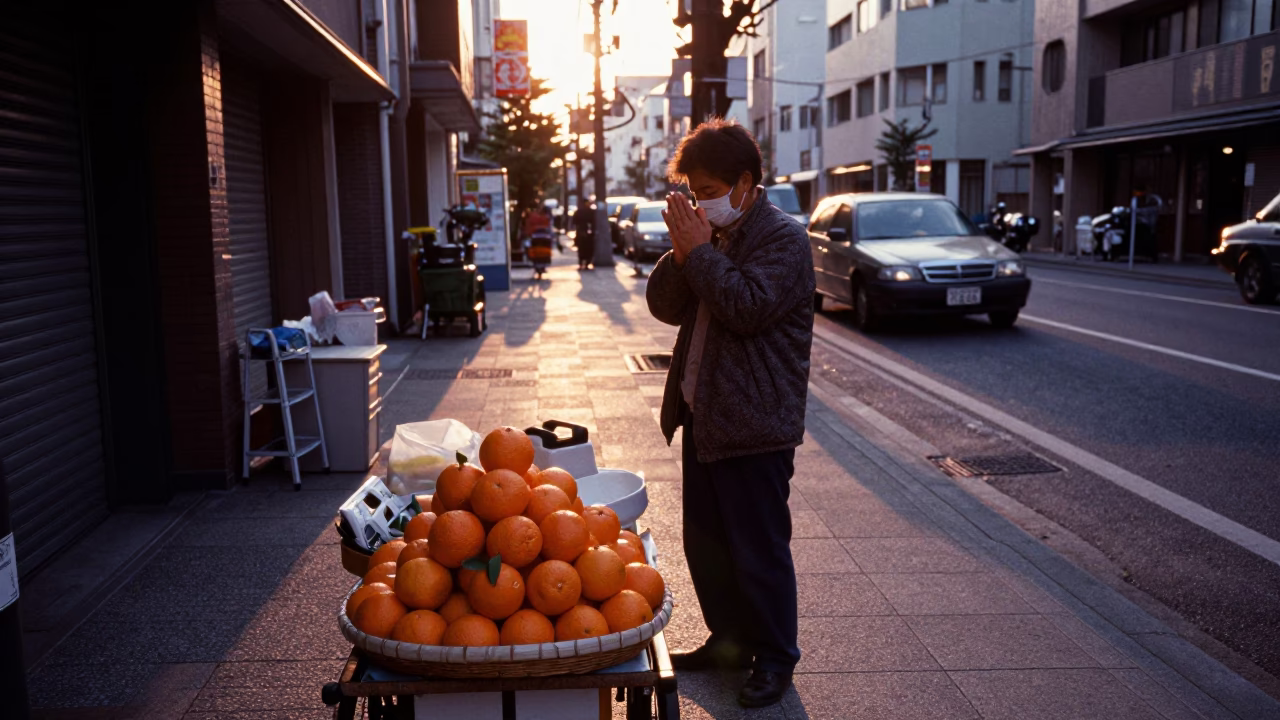 Tokyo Street Vendor Sunset Scene with Oranges and Prayer Beads in in Tokyo, Japan