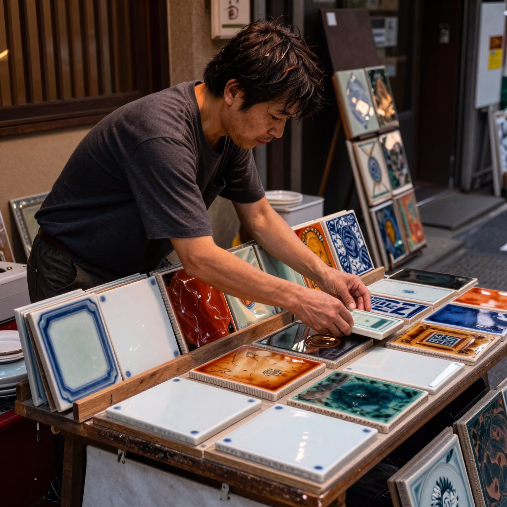 Tokyo Street Vendor with Ceramic Tiles in Copper Dusk Light in in Tokyo, Japan