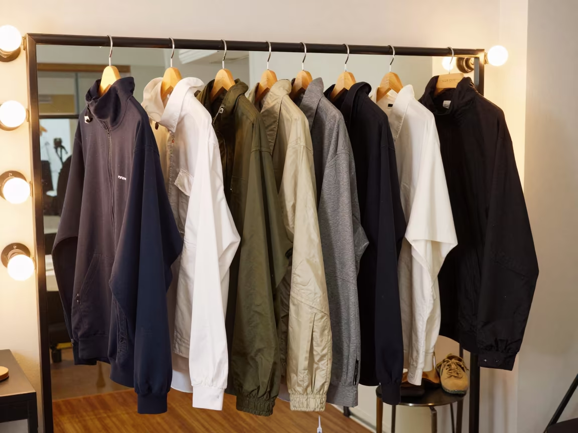 Tokyo Streetwear Runway Golden Hour Symmetry in beside a mirror lined with makeup bulbs near Tokyo