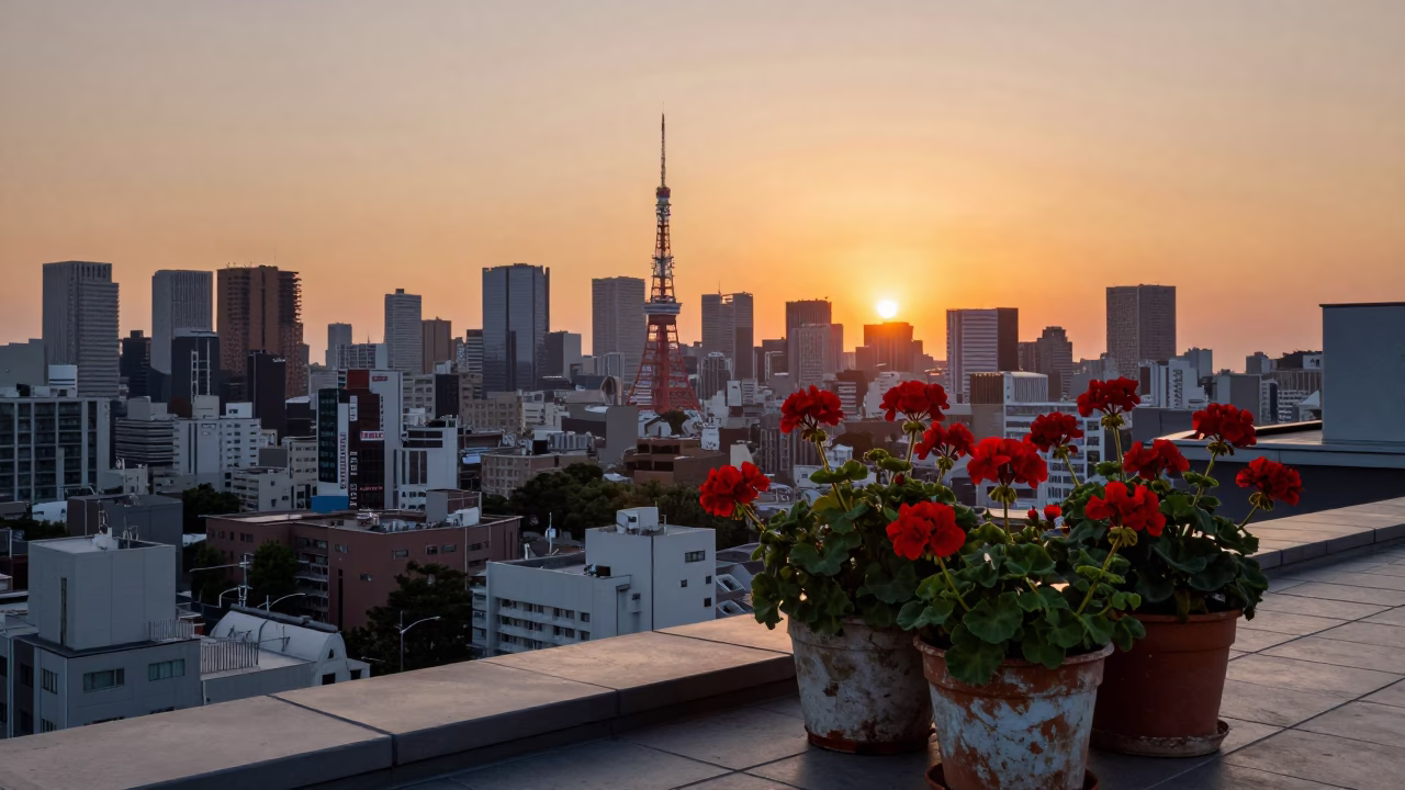 Tokyo Sunset Skyline Over Urban Rooftops with Geraniums and City Lights in in Tokyo, Japan