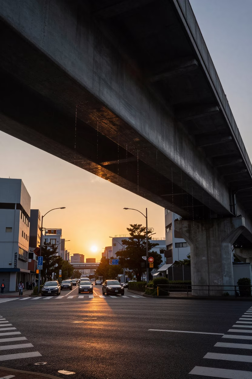 Tokyo Sunset Street Scene with Dripping Viaduct Arch and Ferny Stone Undercroft in in Tokyo, Japan