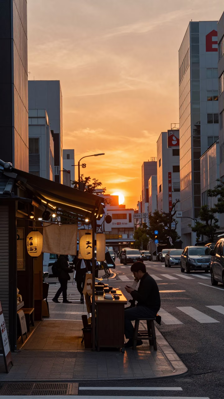 Tokyo Sunset Street Scene with Linen Runners and Urban Details in in Tokyo, Japan