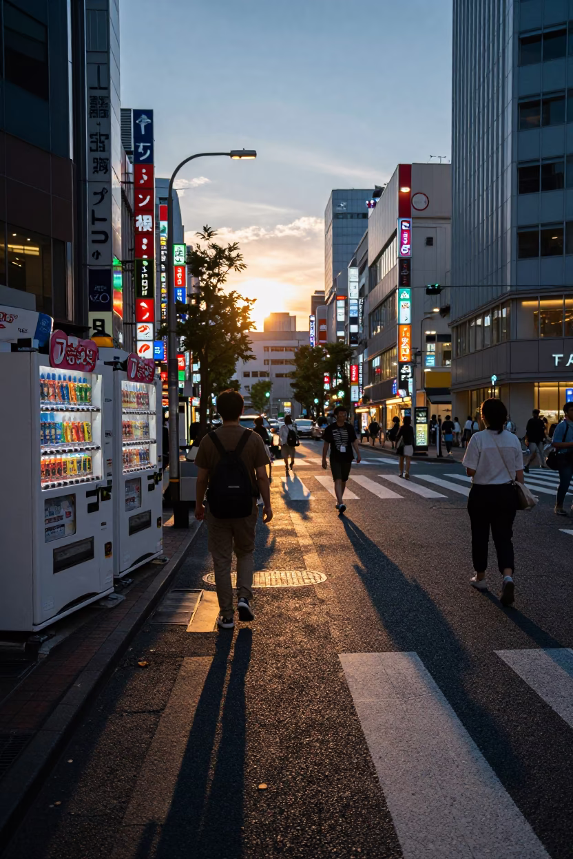 Tokyo Sunset Street Scene with Vending Machines and Pedestrians in Japan in in Tokyo, Japan