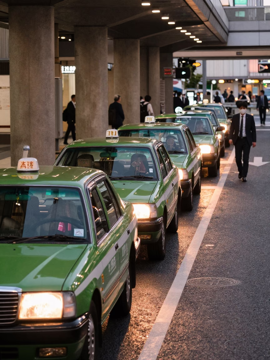 Tokyo Taxi Rank at Twilight with Neon Reflections and Urban Street Life in in Tokyo, Japan
