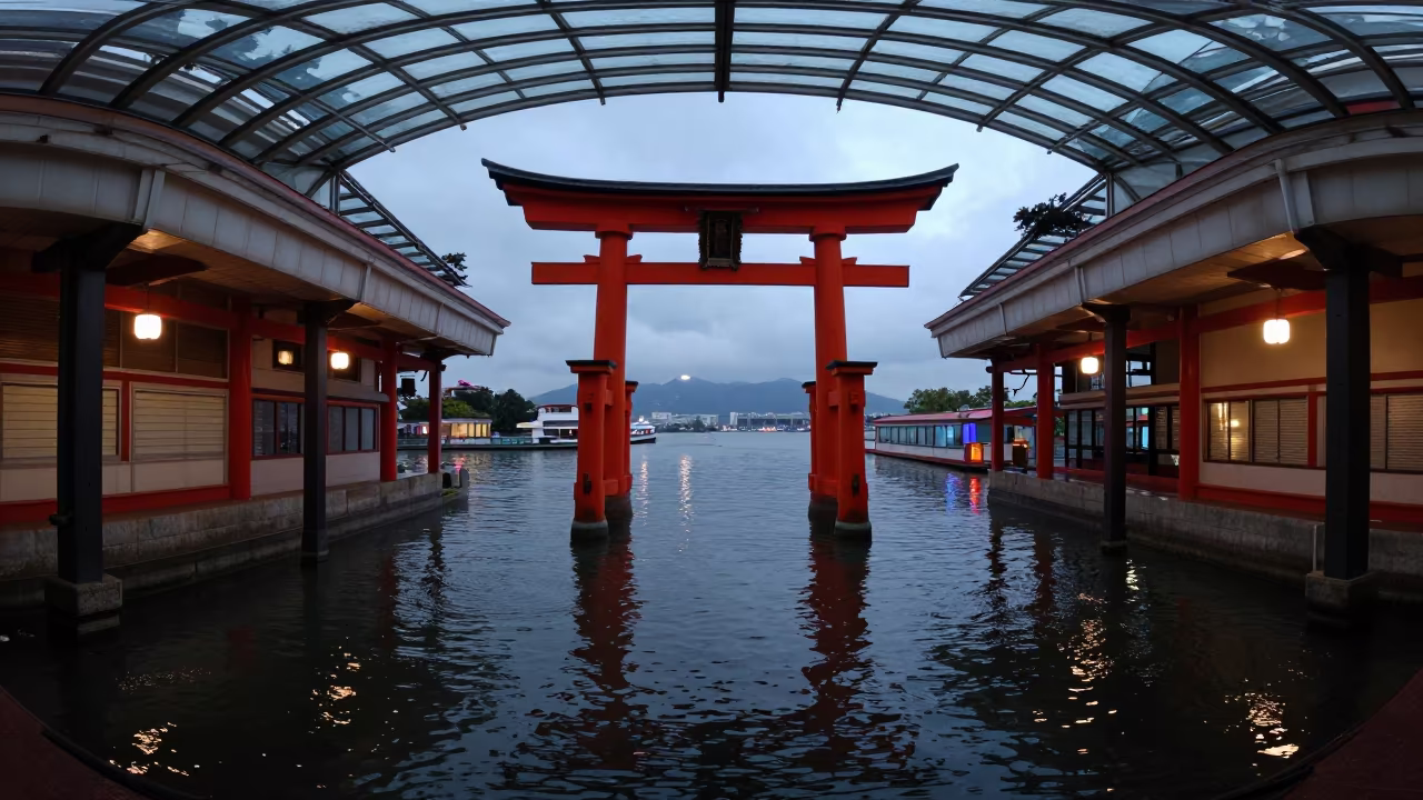 Tokyo Torii Gate Half-Submerged Neon Dawn in inside a glass-roofed arcade in Tokyo