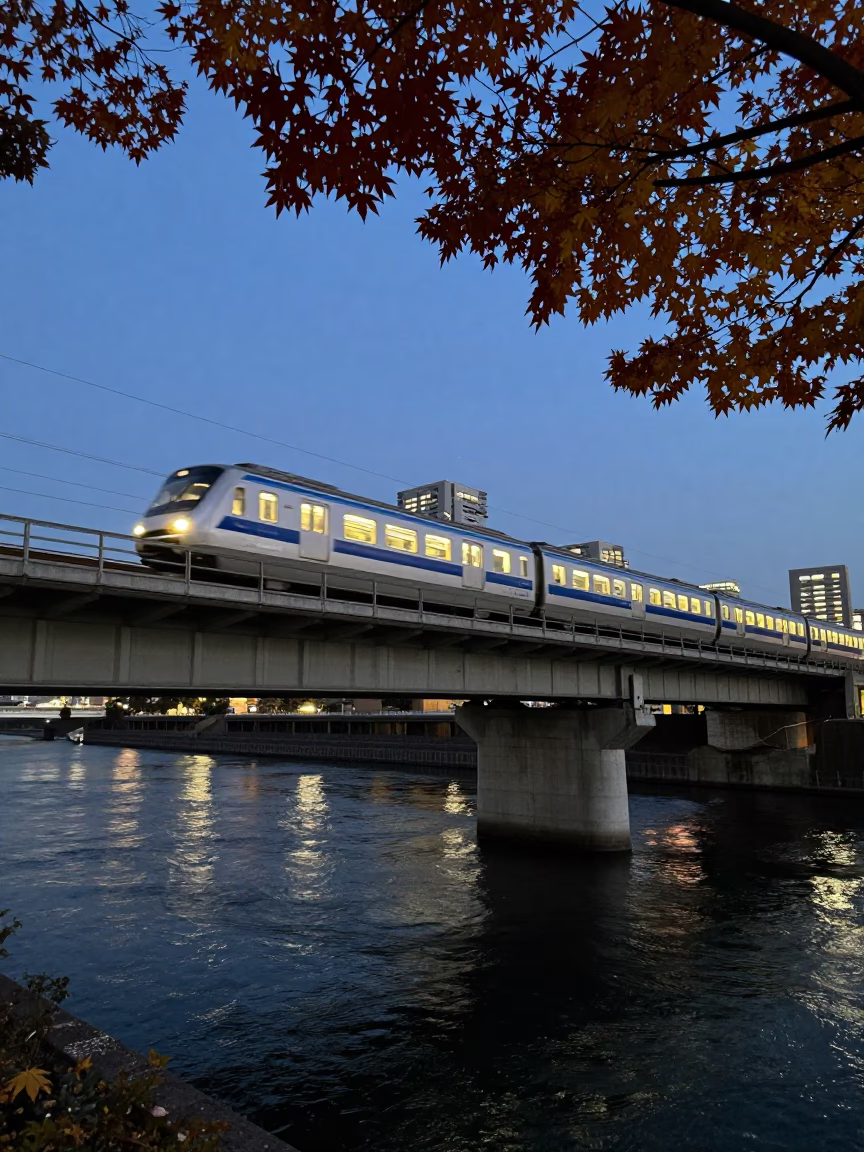 Tokyo Twilight Monorail Crossing River Bridge with Autumn Leaves and Bracco Italiano Dog in in Tokyo, Japan