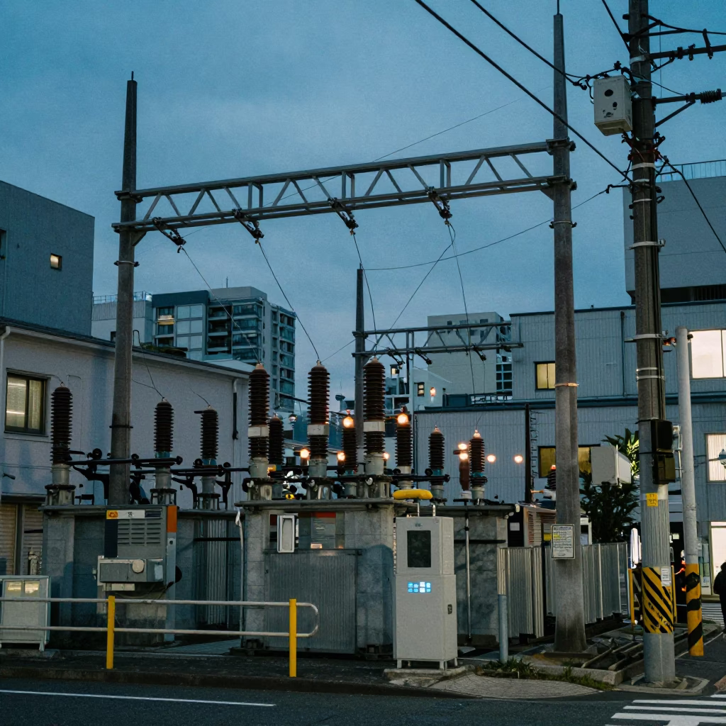 Tokyo Twilight Street Scene with Substation Busbars and Urban Infrastructure in in Tokyo, Japan
