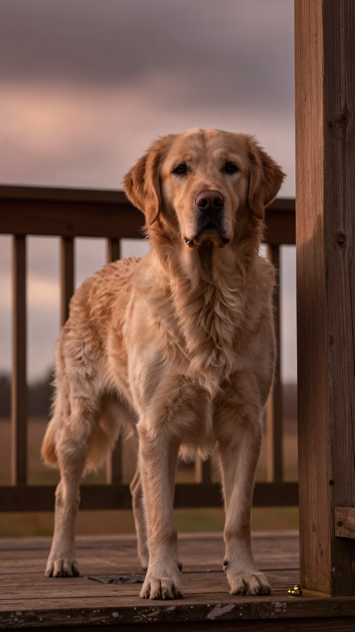 Toller on Shaded Porch Before Dusk in on a shaded front porch with boards, railings, and eye-level framing in Rahim Yar Khan