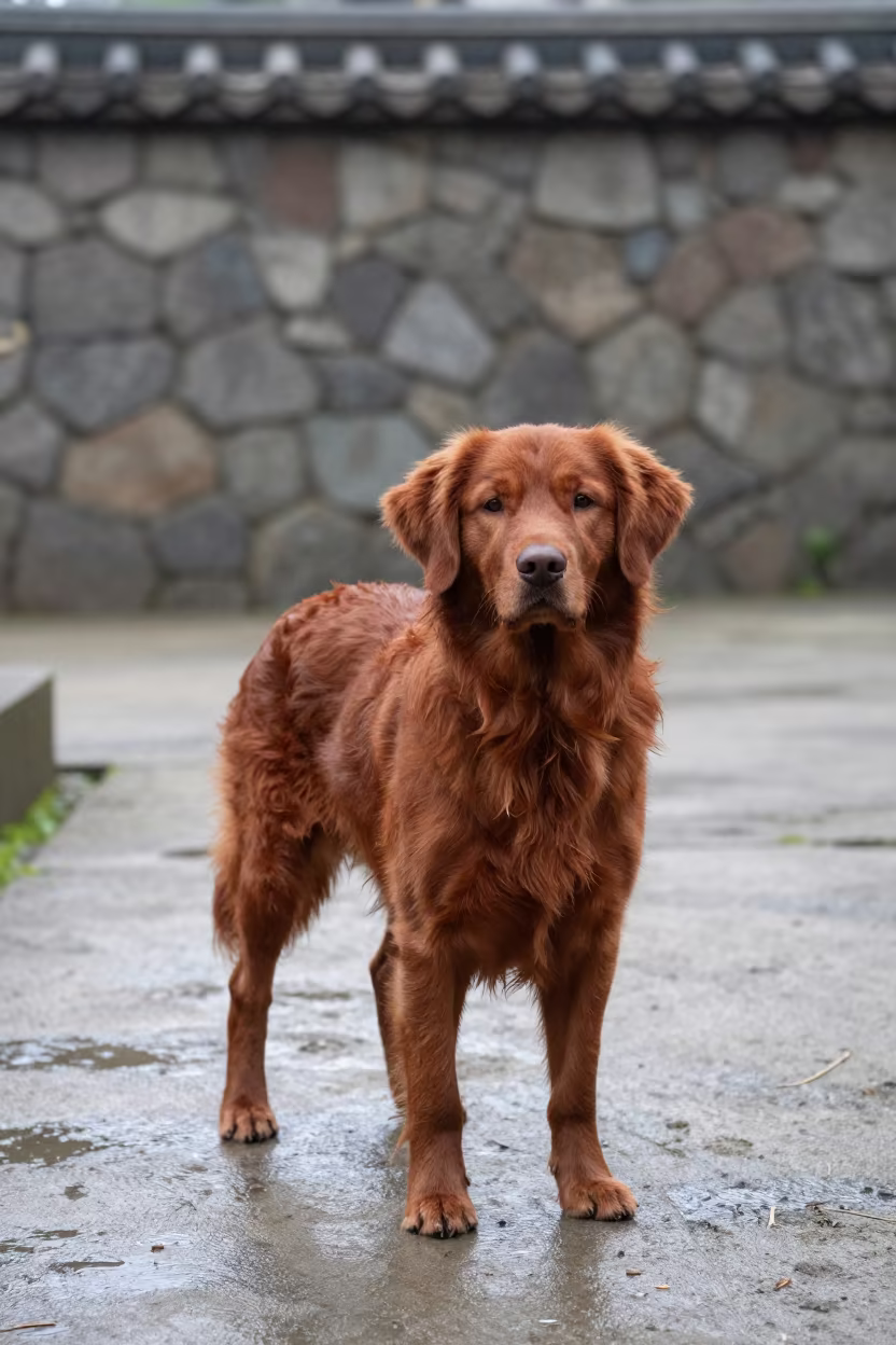 Tolling Retriever in Taipei Garden Morning Light in near a garden edge with soft morning light and an uncluttered background near Dadaocheng, Taipei