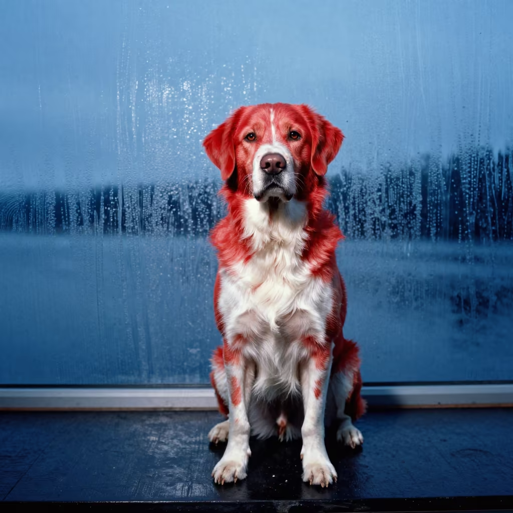 Tolling Retriever Portrait in Cool Blue Twilight Studio in in a quiet portrait studio with a plain backdrop and eye-level framing near Manaus