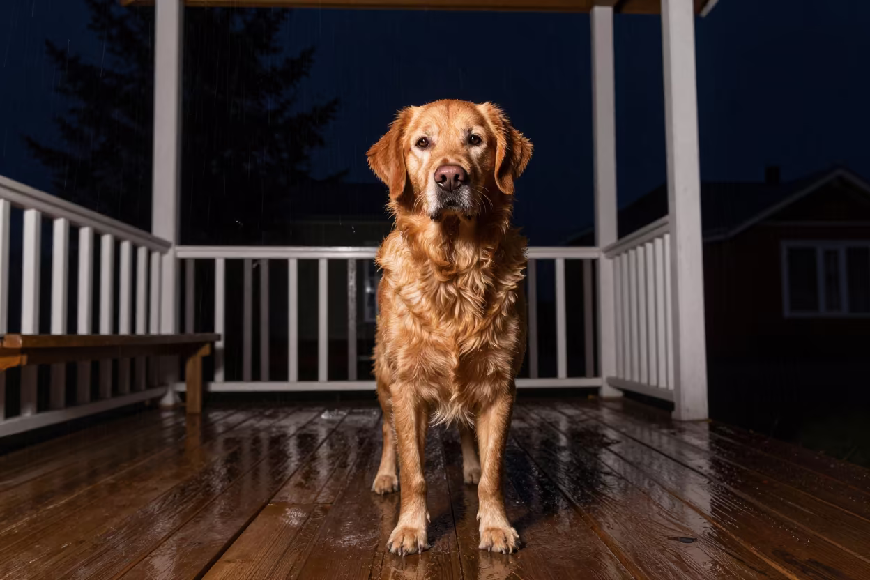 Tolling Retriever Portrait on Shaded Abakan Porch in on a shaded front porch with boards, railings, and eye-level framing in Abakan
