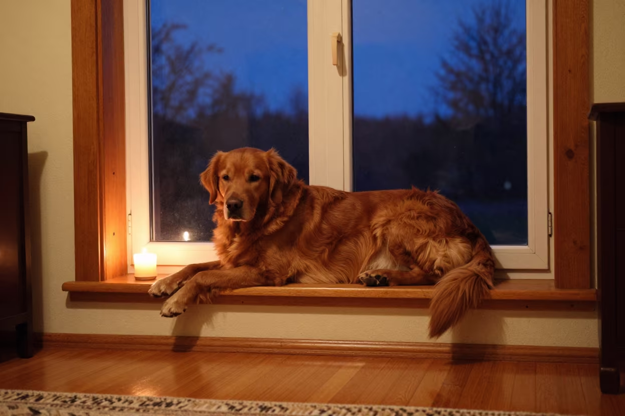 Tolling Retriever Resting on Window Seat in on a window seat in a quiet apartment with soft side light near Jhansi
