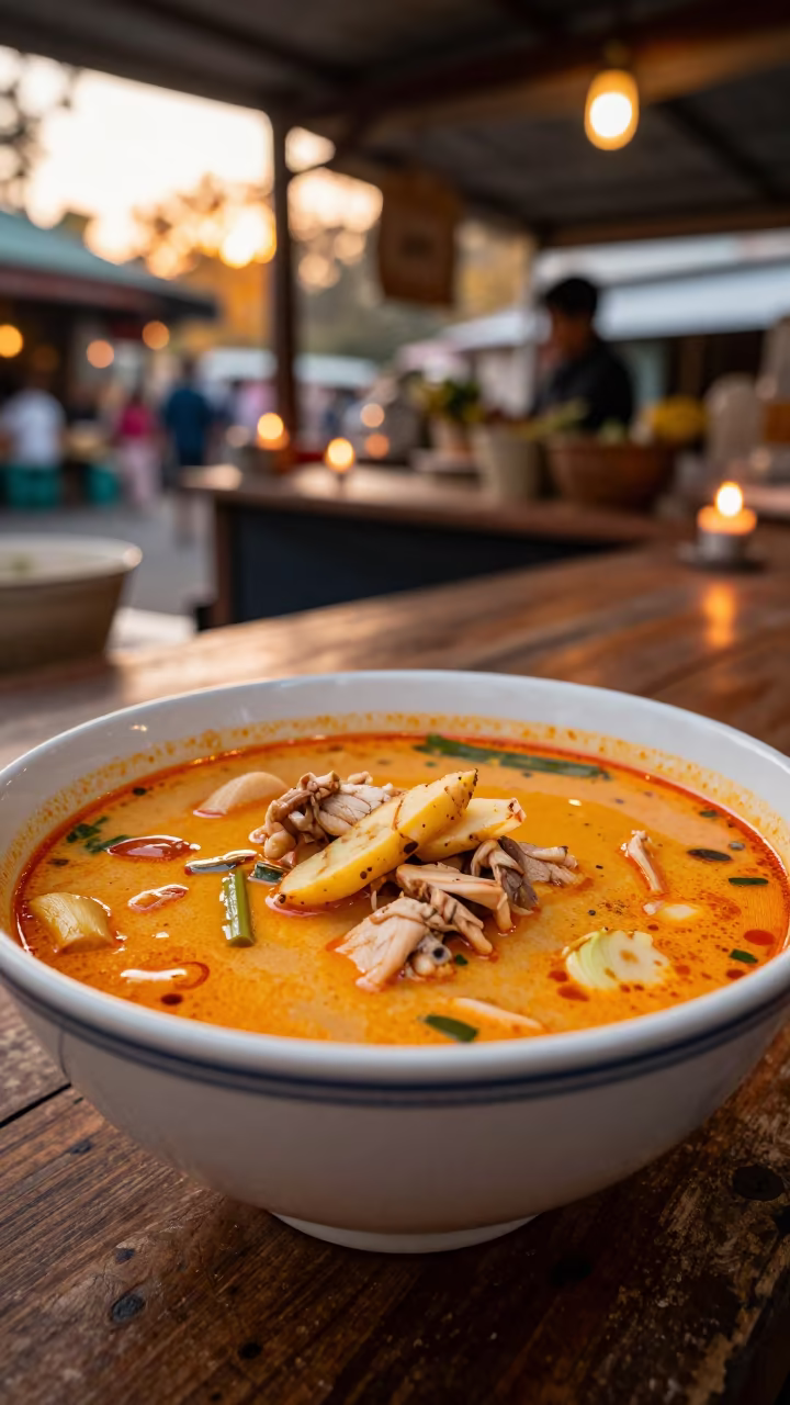 Tom Kha Gai Bowl with Galangal at Market Stall in at a market stall counter in Kitchener