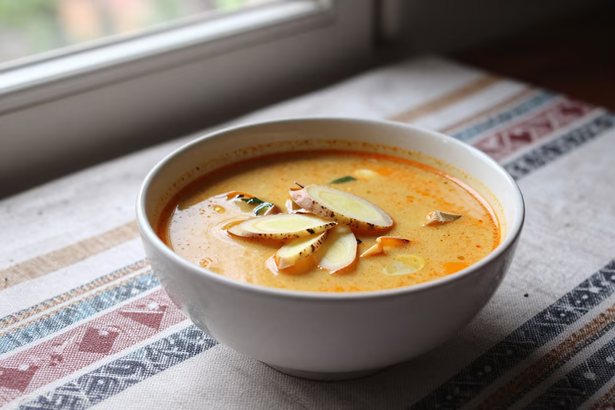 Tom Kha Gai Bowl with Galangal on Picnic Blanket in on a picnic blanket in Surabaya