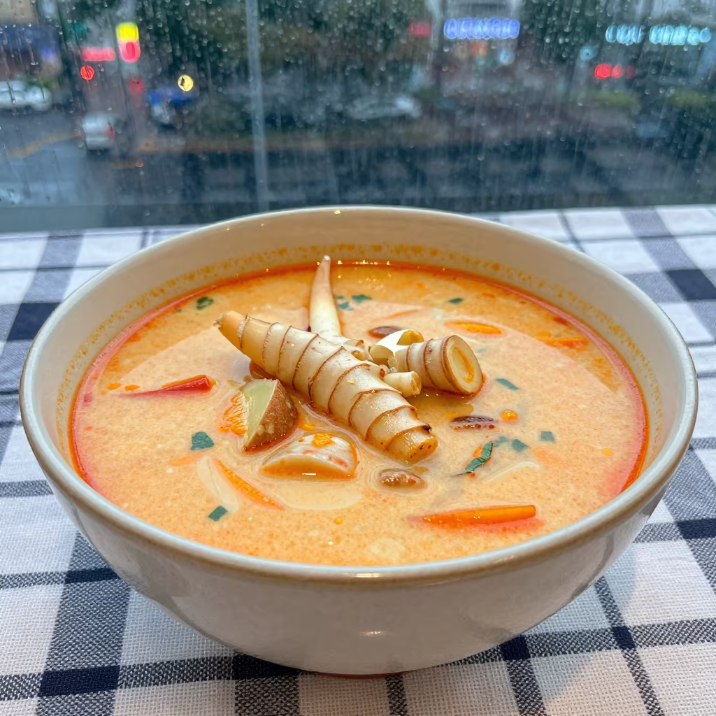 Tom Kha Gai Bowl in Neon Light in on a picnic blanket in Caguas