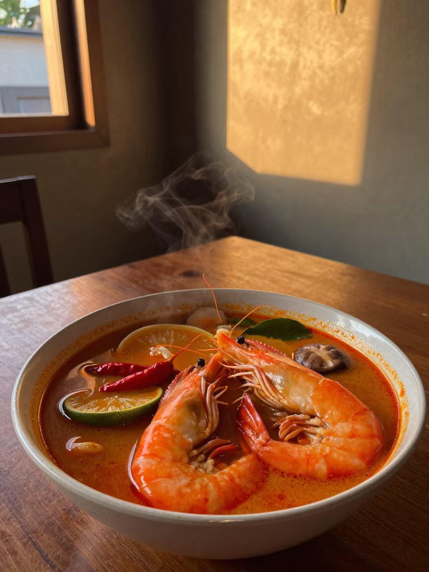 Tom Yum Goong in Amber Sunset Light in on a small dining table by a window in Bangkok